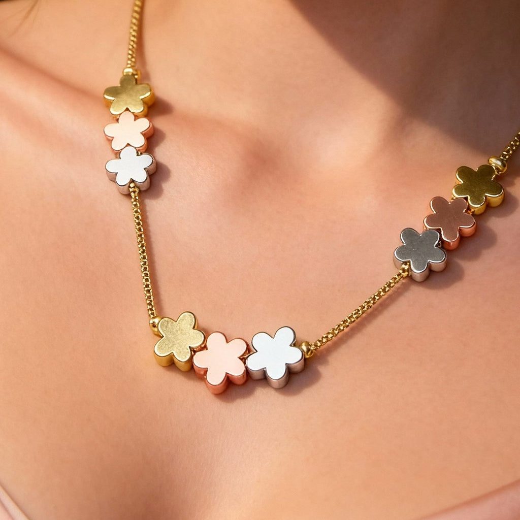 Trio-Tone Floral Art Necklace | Elegant Contemporary Jewelry