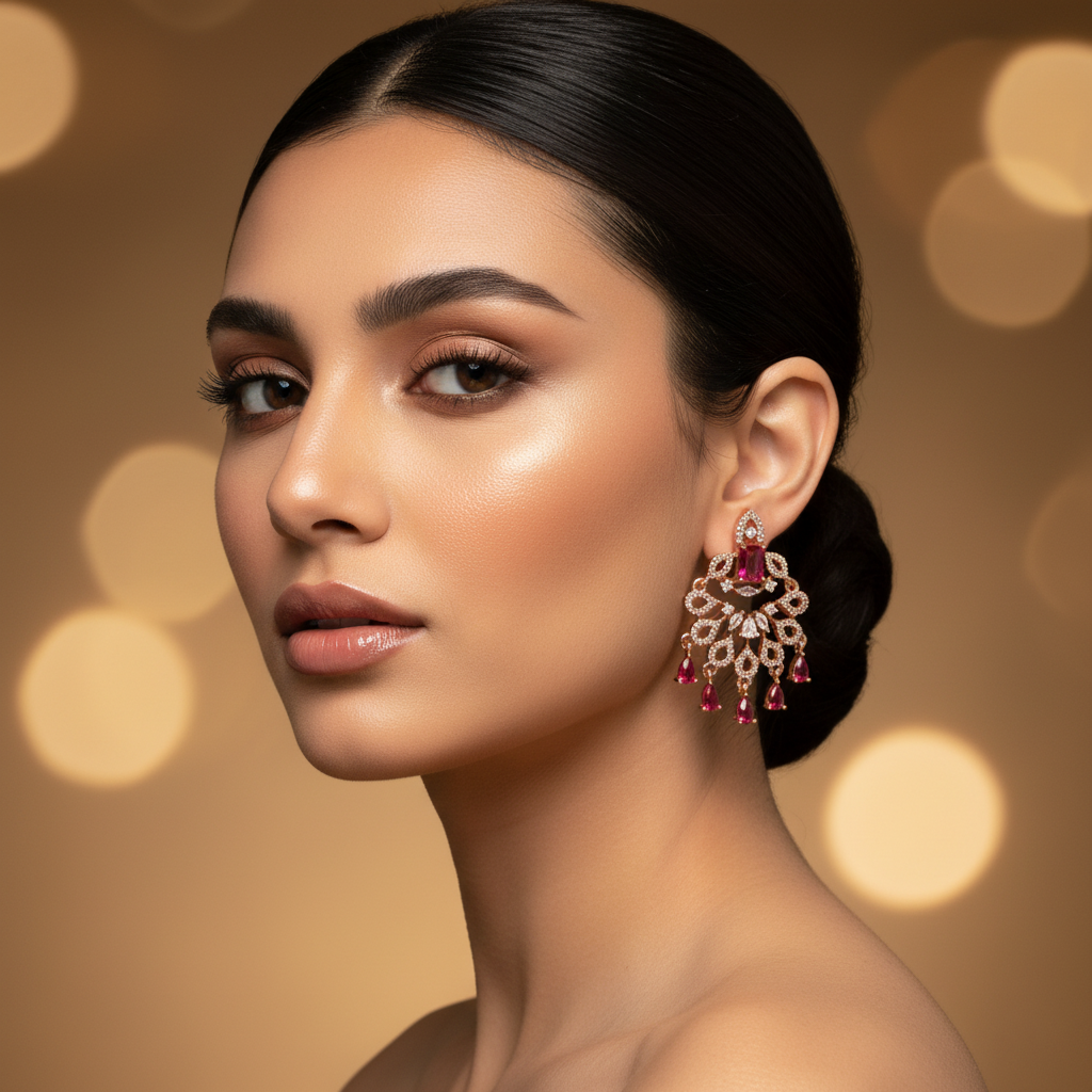 Rose Gold Chandelier Earrings with Red Stones | Designer artificial Jewelry for Women