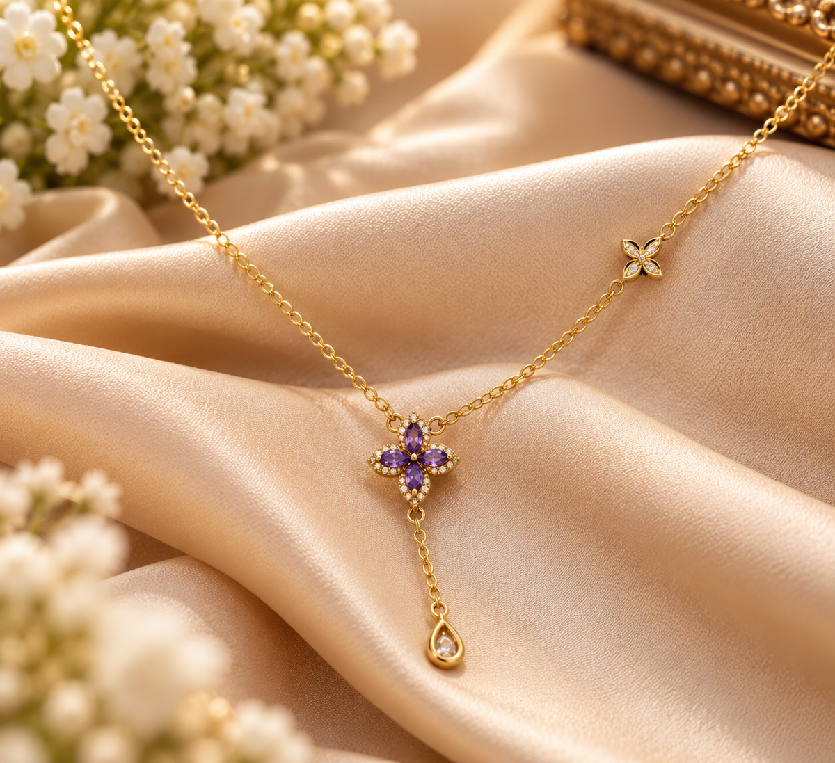 Women's Purple Floral Pendant Necklace – Gold Tone