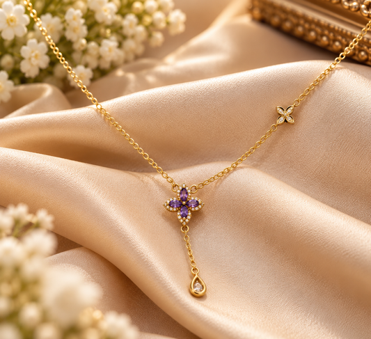 Women's Purple Floral Pendant Necklace – Gold Tone