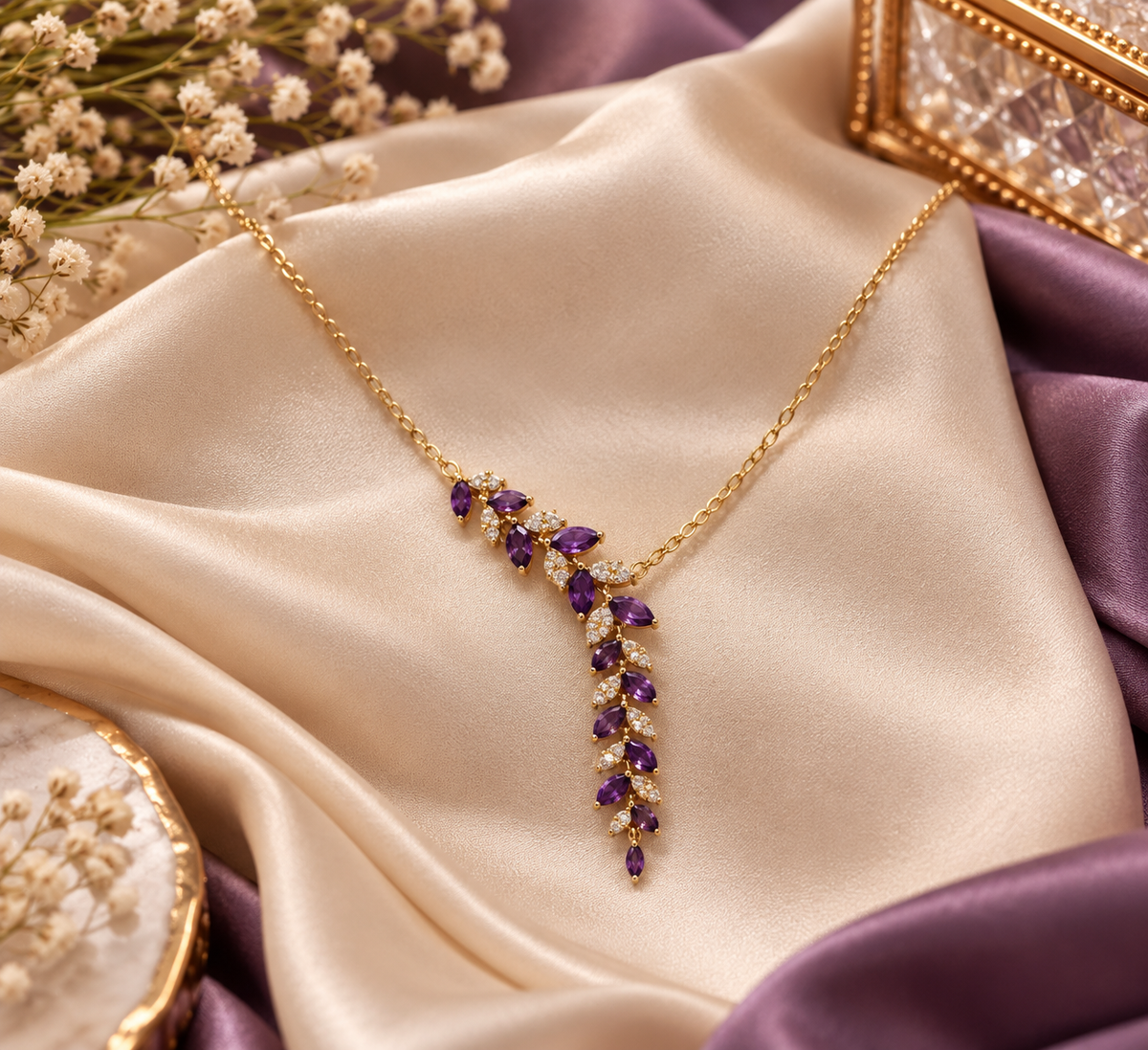 Women's Purple Leaf Vine Pendant Necklace – Gold Tone