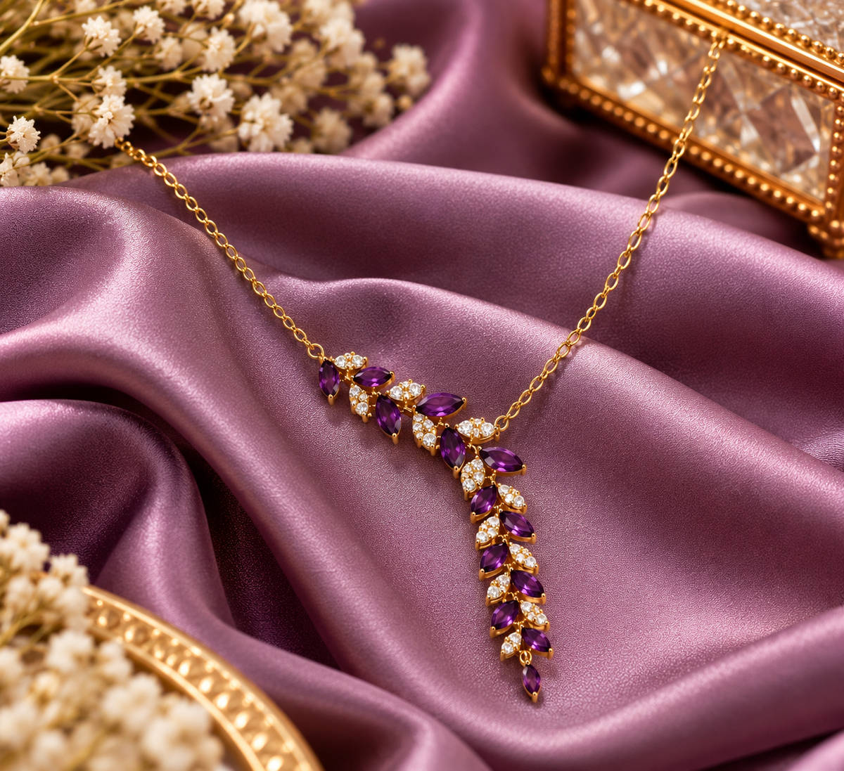 Women's Purple Leaf Vine Pendant Necklace – Gold Tone