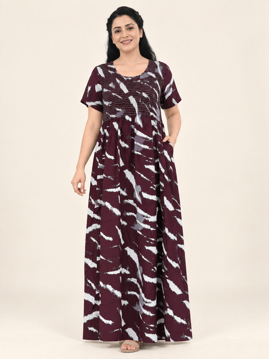 Burgundy Abstract Print Maxi Nightdress for Women
