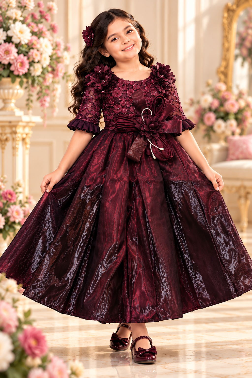 Girls' Burgundy Princess Party Gown with Floral Embellishments