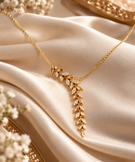 Women's Gold Leaf Pendant Necklace with Stone Accents