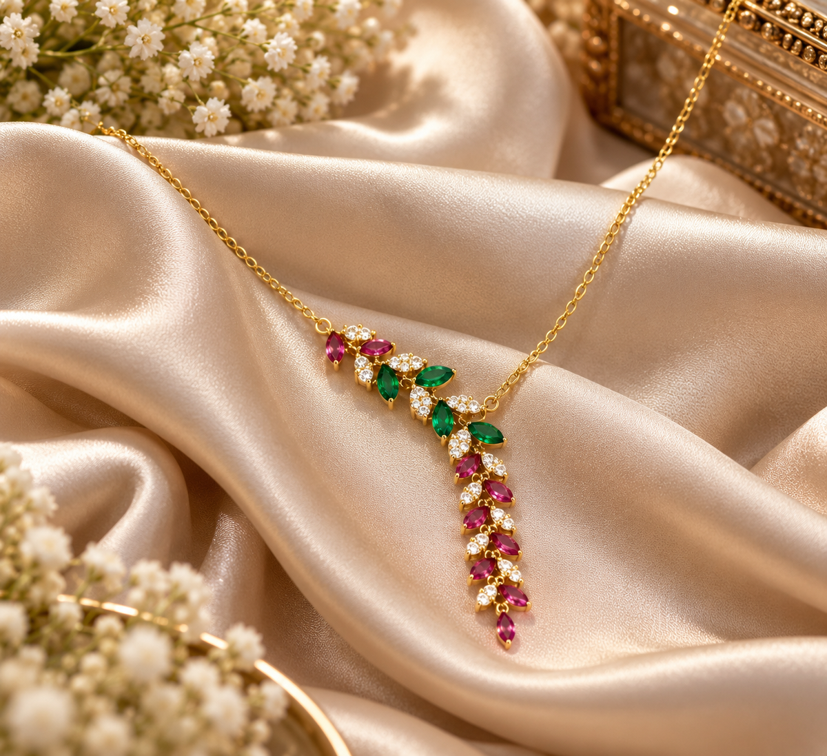 Women's Multicolor Cascading Leaf Pendant Necklace – Gold Tone