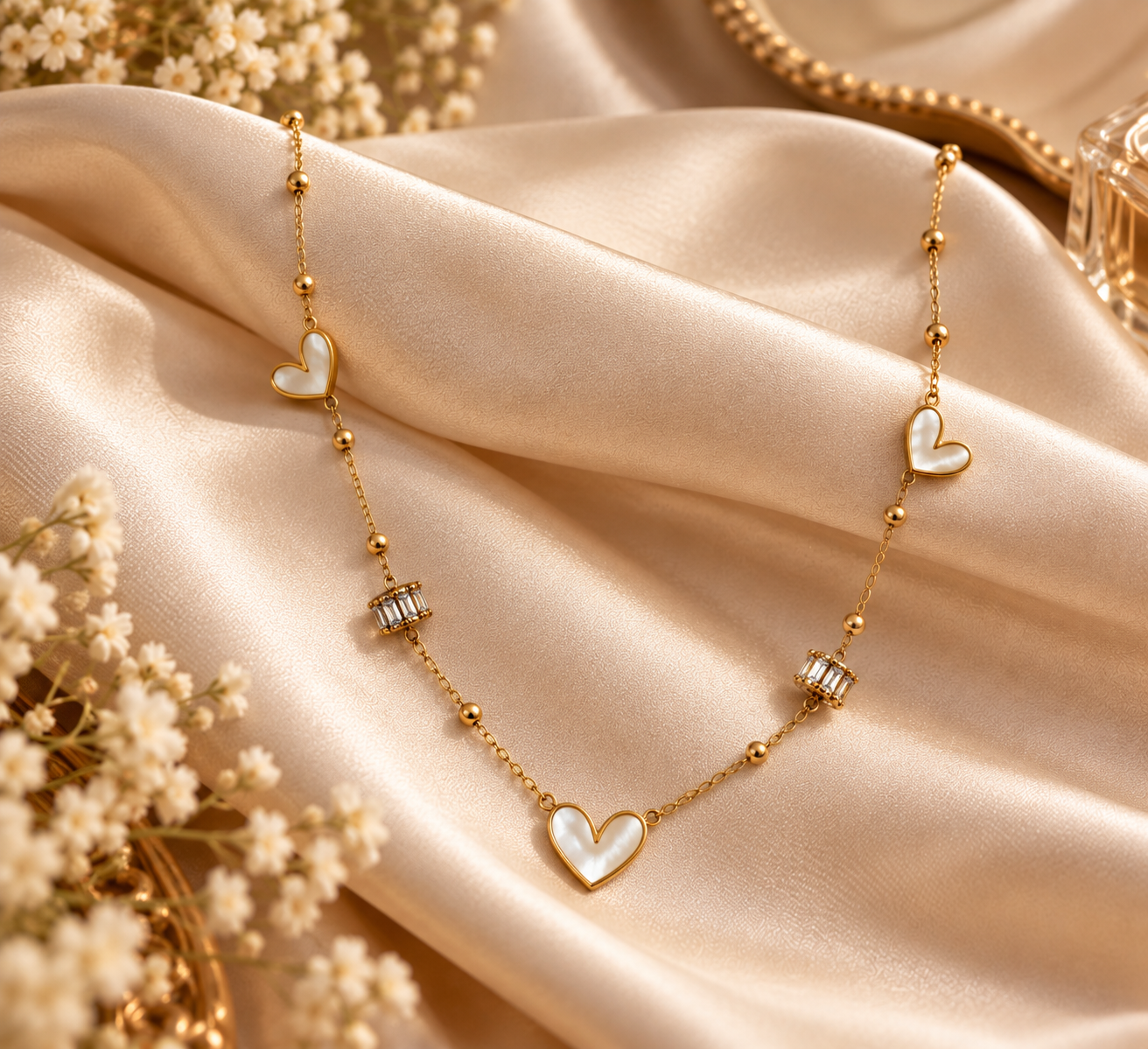 Mother-of-Pearl Heart Station Necklace with Crystal Bar Accents