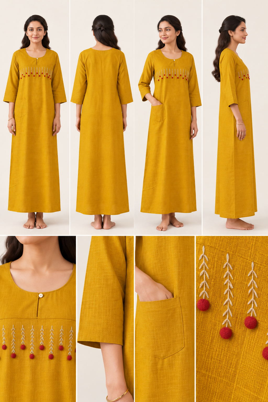 Mustard Embroidered Long Nightgown with Pocket