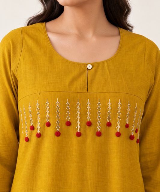 Mustard Embroidered Long Nightgown with Pocket