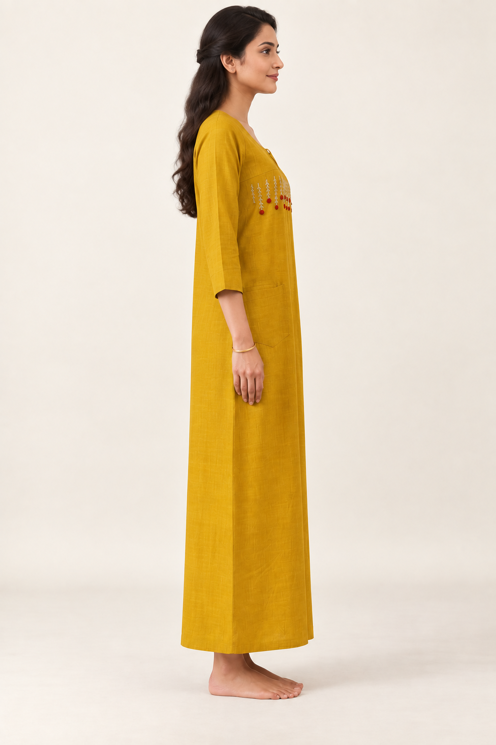 Mustard Embroidered Long Nightgown with Pocket