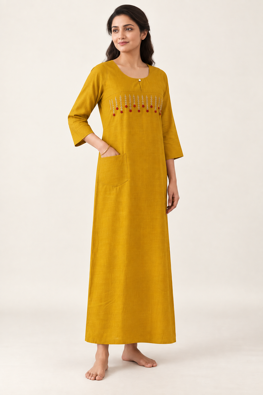 Mustard Embroidered Long Nightgown with Pocket