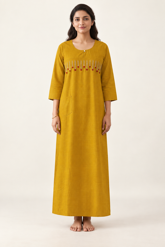 Mustard Embroidered Long Nightgown with Pocket