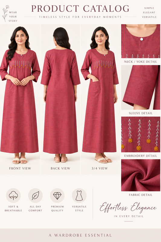 Elegant Rose Pink Embroidered Soft Nighty for Women