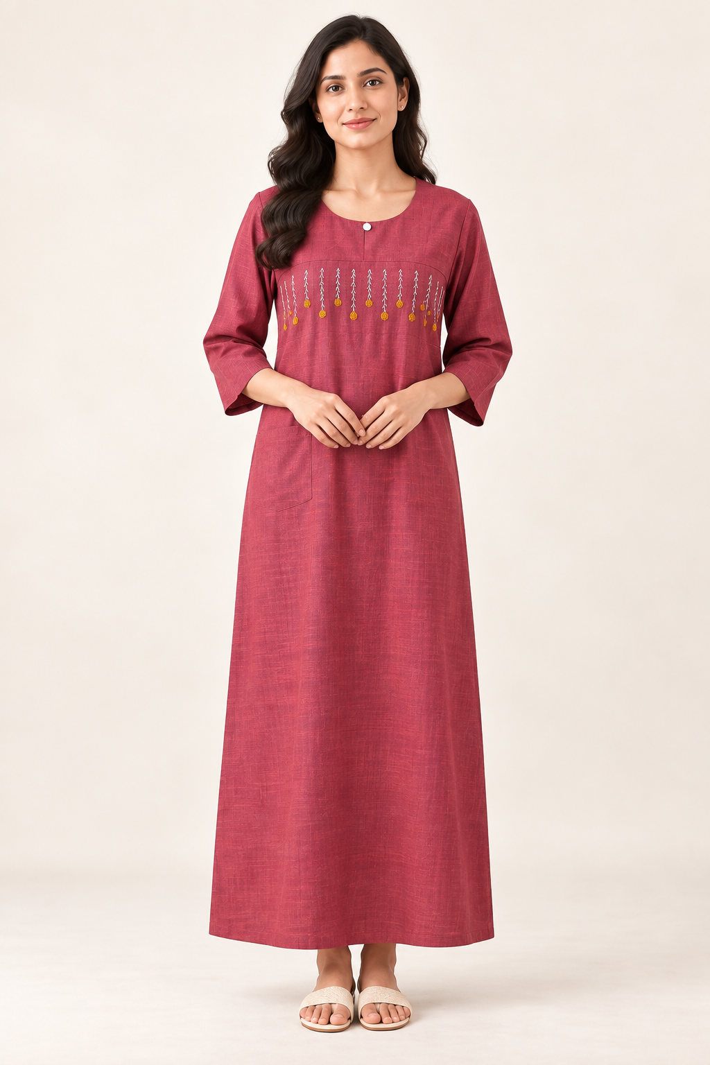 Elegant Rose Pink Embroidered Soft Nighty for Women