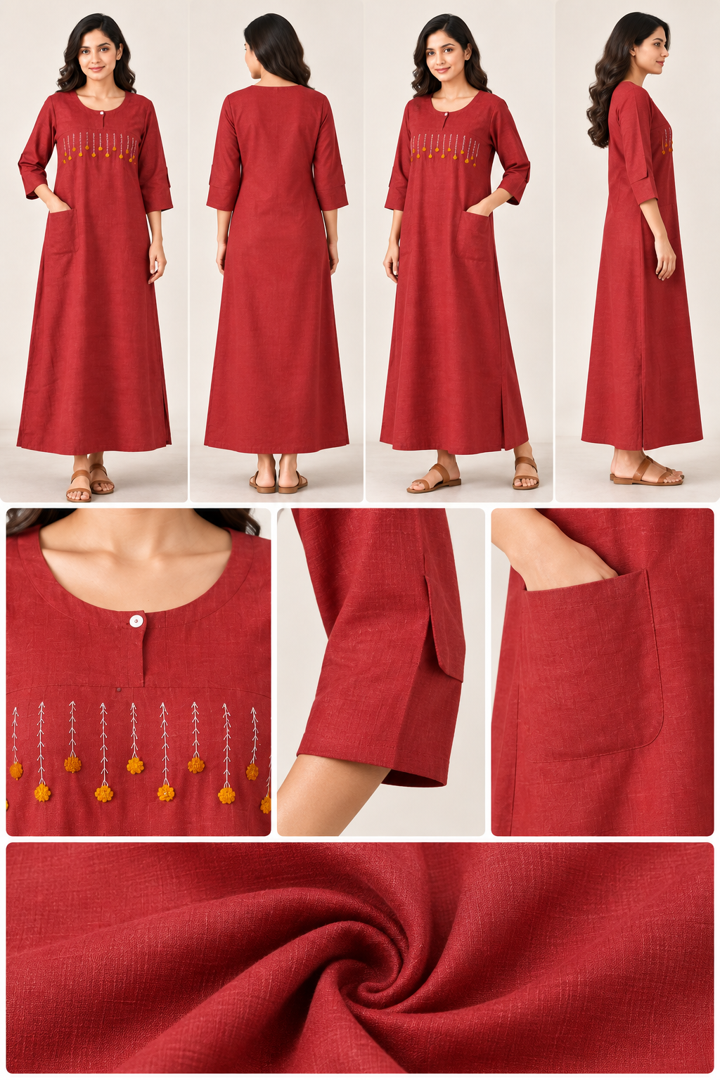 Elegant Rose Red Embroidered Soft Nighty for Women