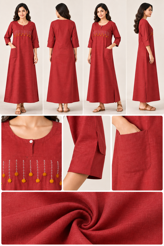 Elegant Rose Red Embroidered Soft Nighty for Women
