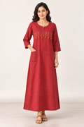 Elegant Rose Red Embroidered Soft Nighty for Women