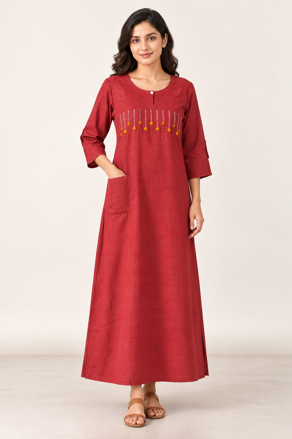 Elegant Rose Red Embroidered Soft Nighty for Women