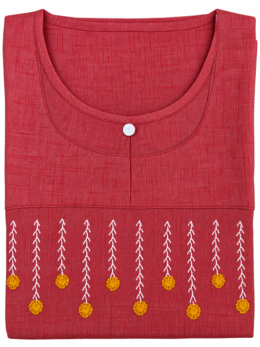 Elegant Rose Red Embroidered Soft Nighty for Women