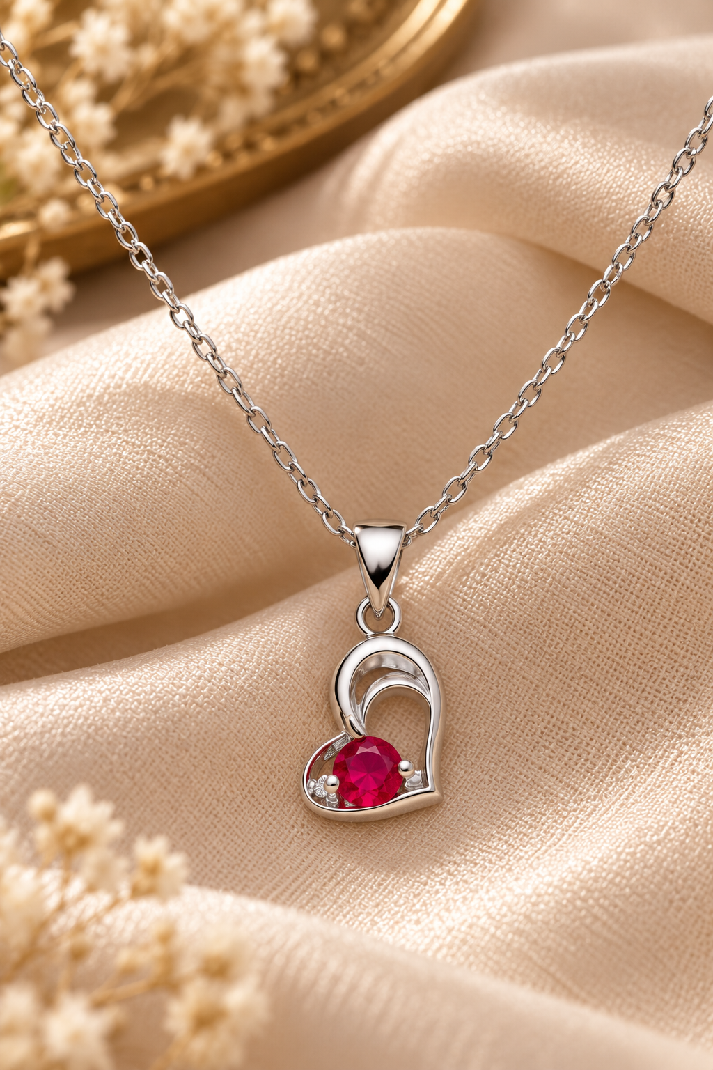 Silver Heart Pendant Necklace with Red Gemstone