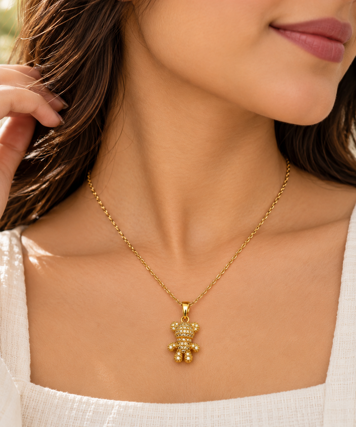 Gold Teddy Bear Crystal Pendant Necklace