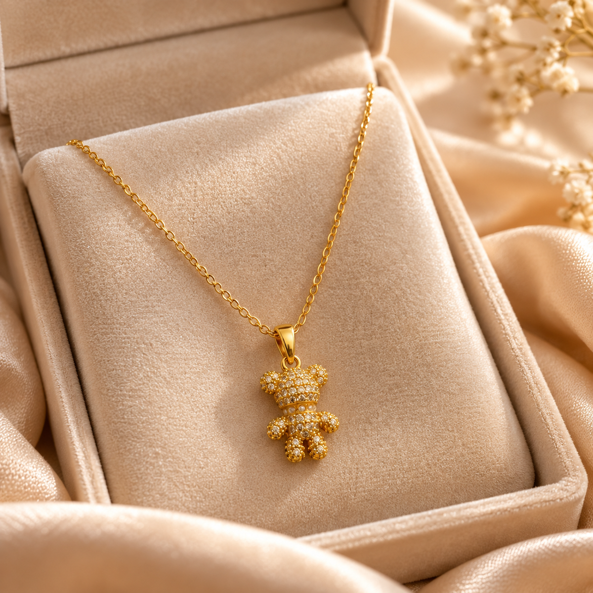 Gold Teddy Bear Crystal Pendant Necklace