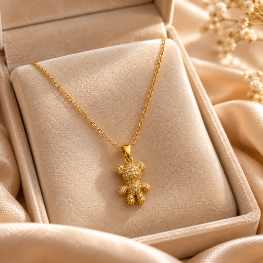 Gold Teddy Bear Crystal Pendant Necklace
