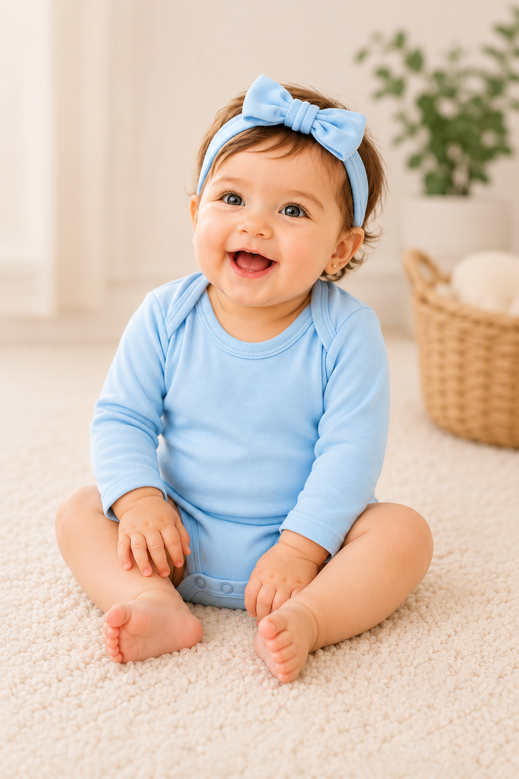 Natural Cotton Long Sleeve Baby Bodysuit | Snaps Closure | Sky Blue | Ascotta Premium