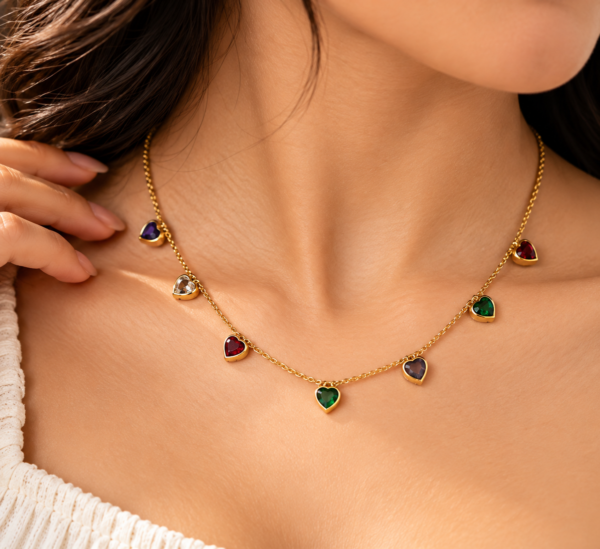 Multicolor Heart Charm Necklace for Women – Gold Tone