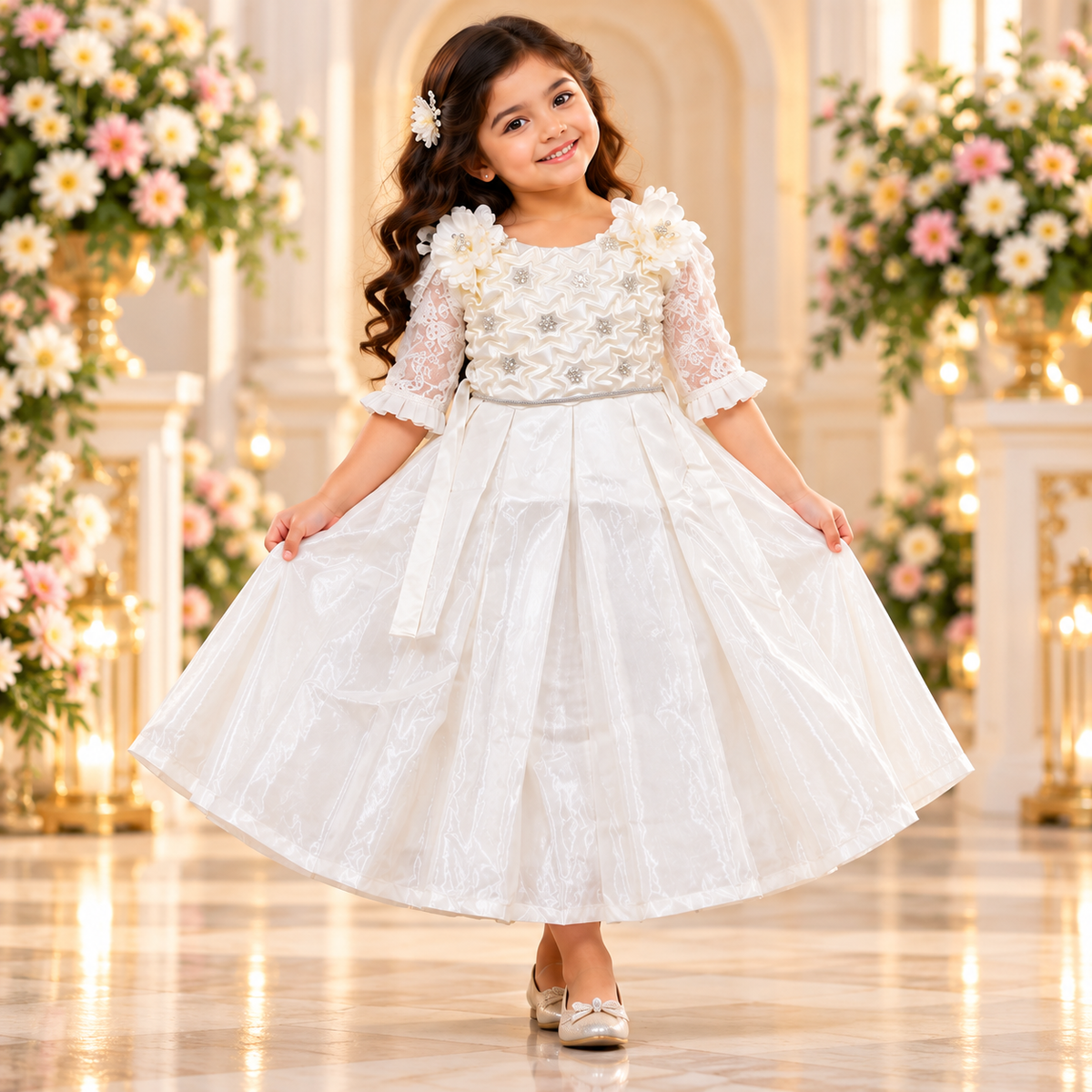 Girls' Ivory White Princess Party Gown with Floral Details