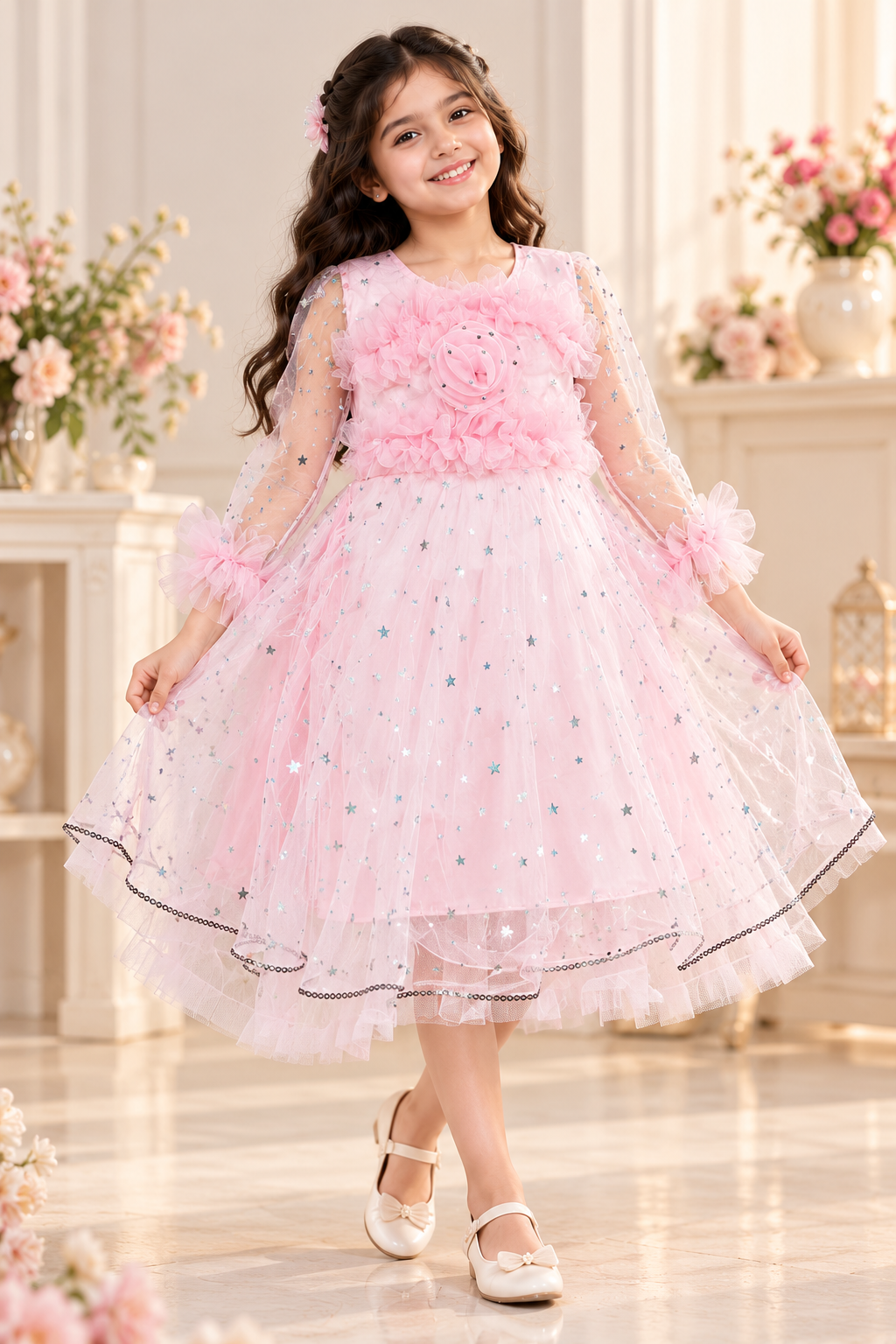 Girls' Pink Princess Party Dress with Star Print & Tulle Skirt