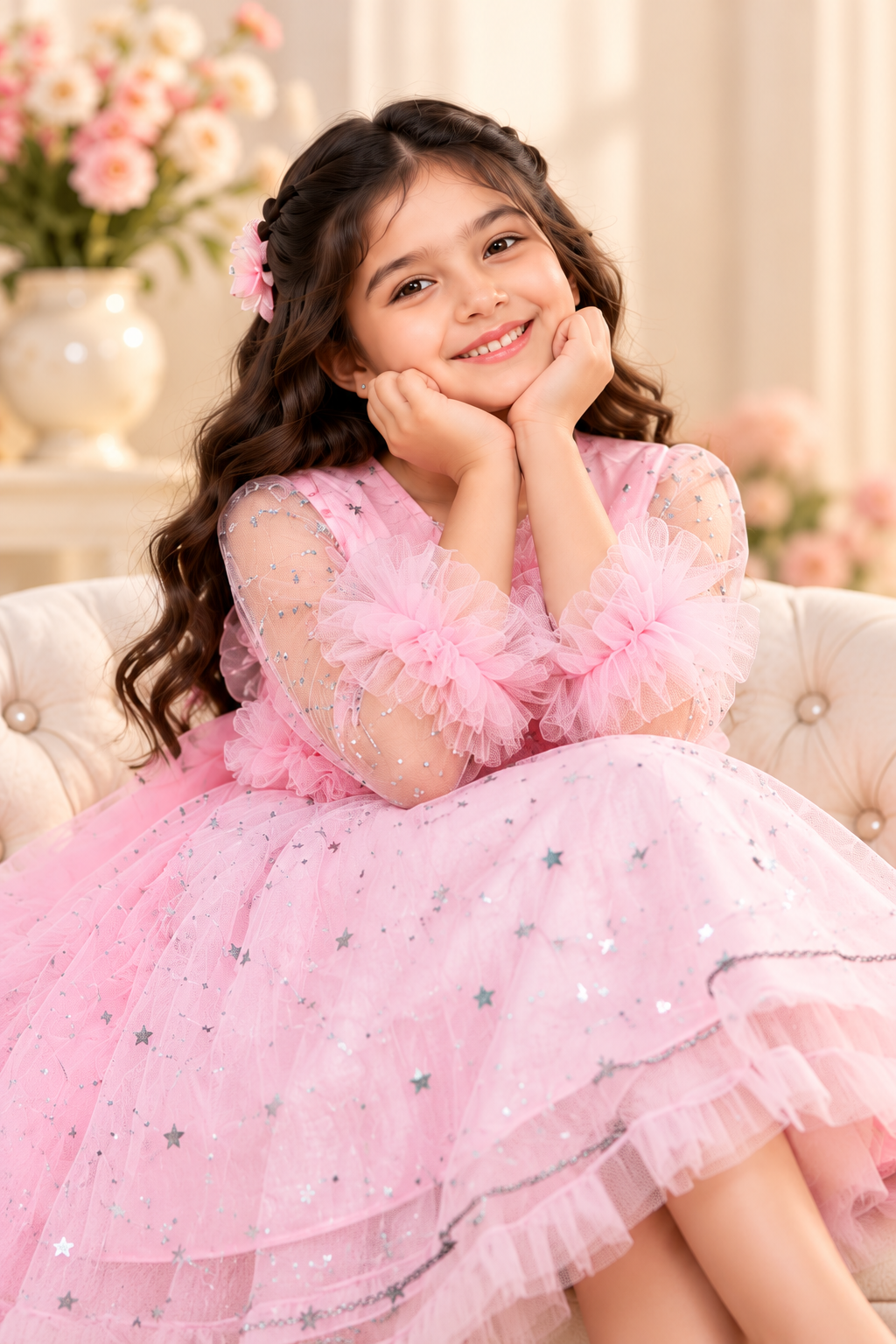 Girls' Pink Princess Party Dress with Star Print & Tulle Skirt