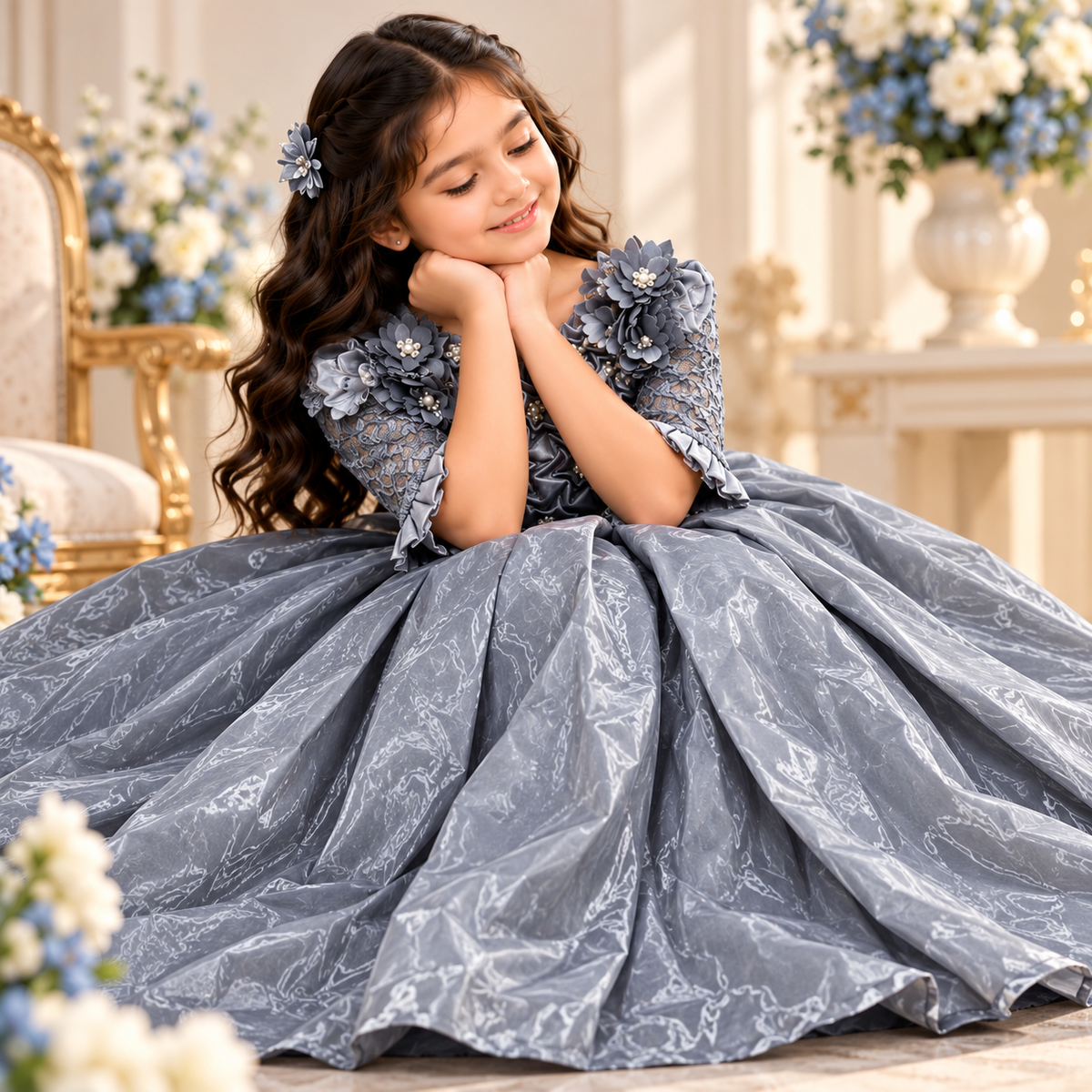 Girls' Silver Grey Organza Princess Party Dress with Floral Embellishments