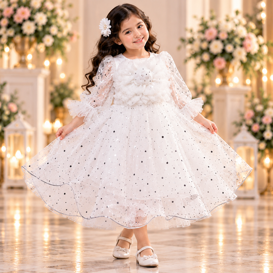 Girls' White Star Print Princess Party Dress with Floral Bodice