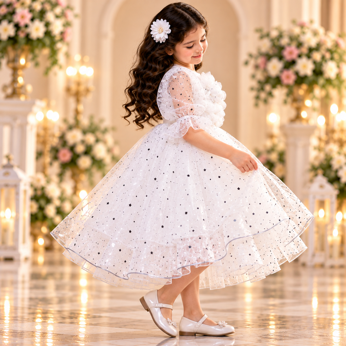Girls' White Star Print Princess Party Dress with Floral Bodice