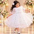 Girls' White Star Print Princess Party Dress with Floral Bodice
