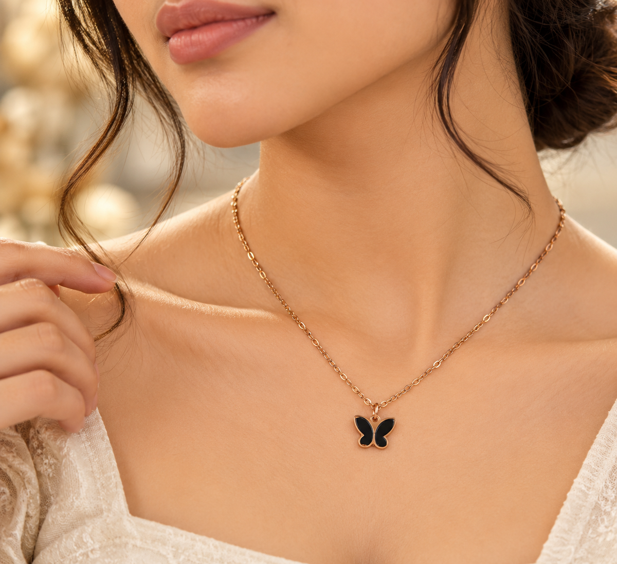 Women's Gold-Tone Butterfly Pendant Necklace – Black