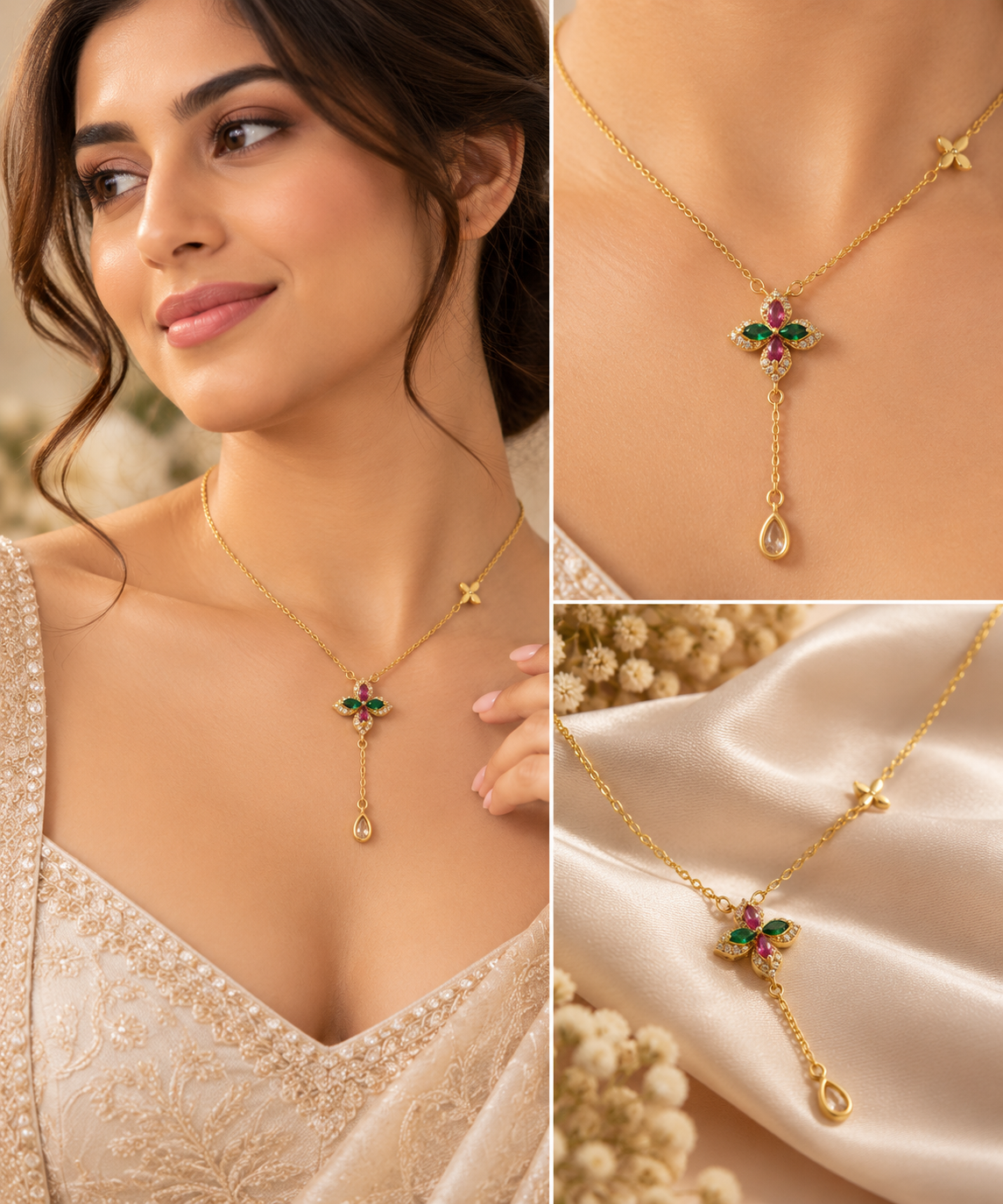 Women's Floral Gemstone Pendant Necklace – Gold