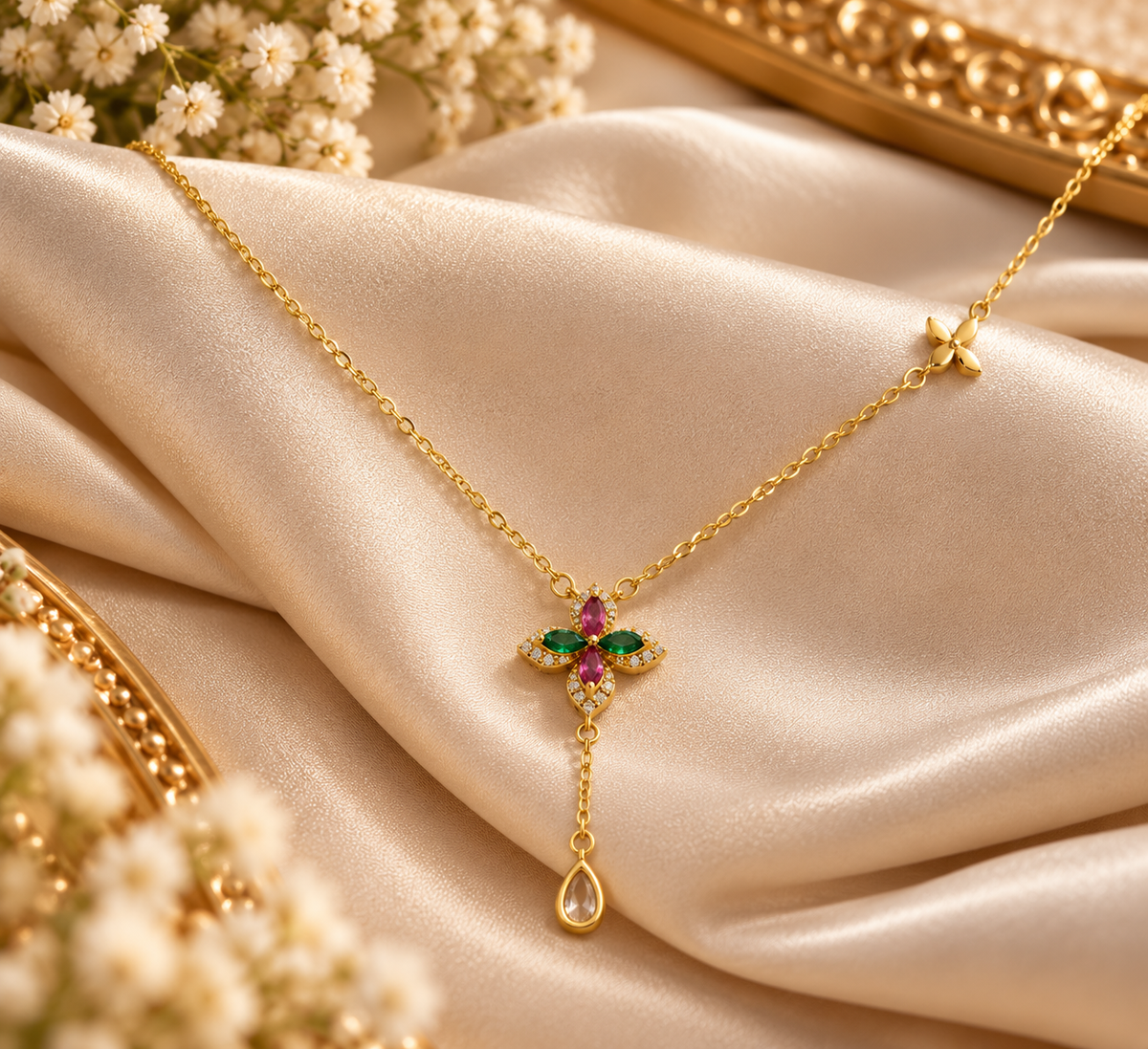 Women's Floral Gemstone Pendant Necklace – Gold
