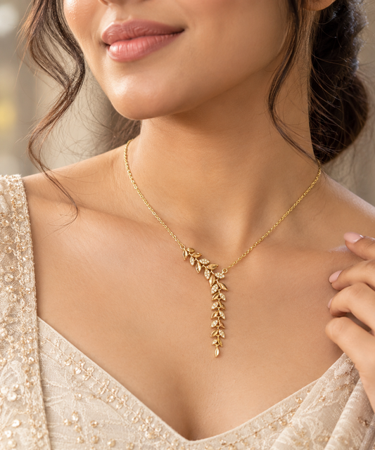 Women's Gold Leaf Pendant Necklace with Stone Accents