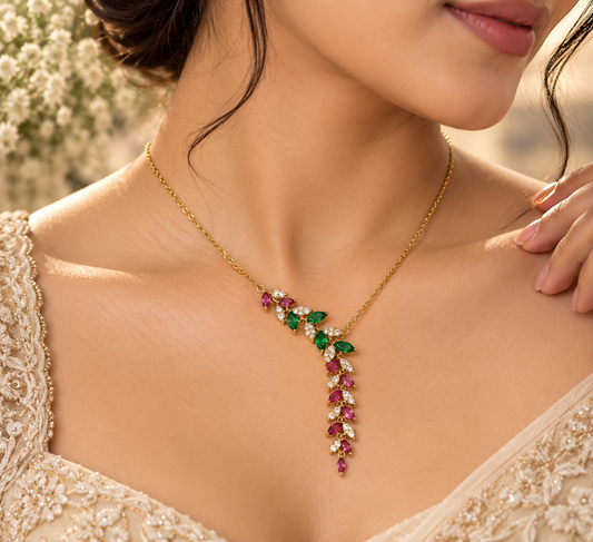 Women's Multicolor Cascading Leaf Pendant Necklace – Gold Tone