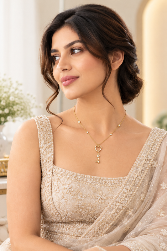 Women's Gold Heart & Key Pendant Necklace