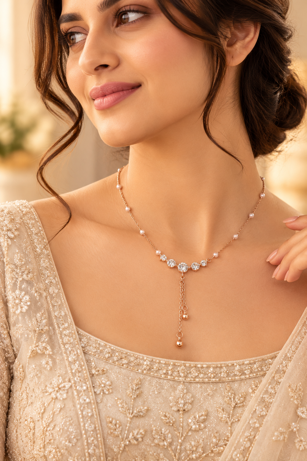 Women's Rose Gold Pearl Y-Lariat Necklace