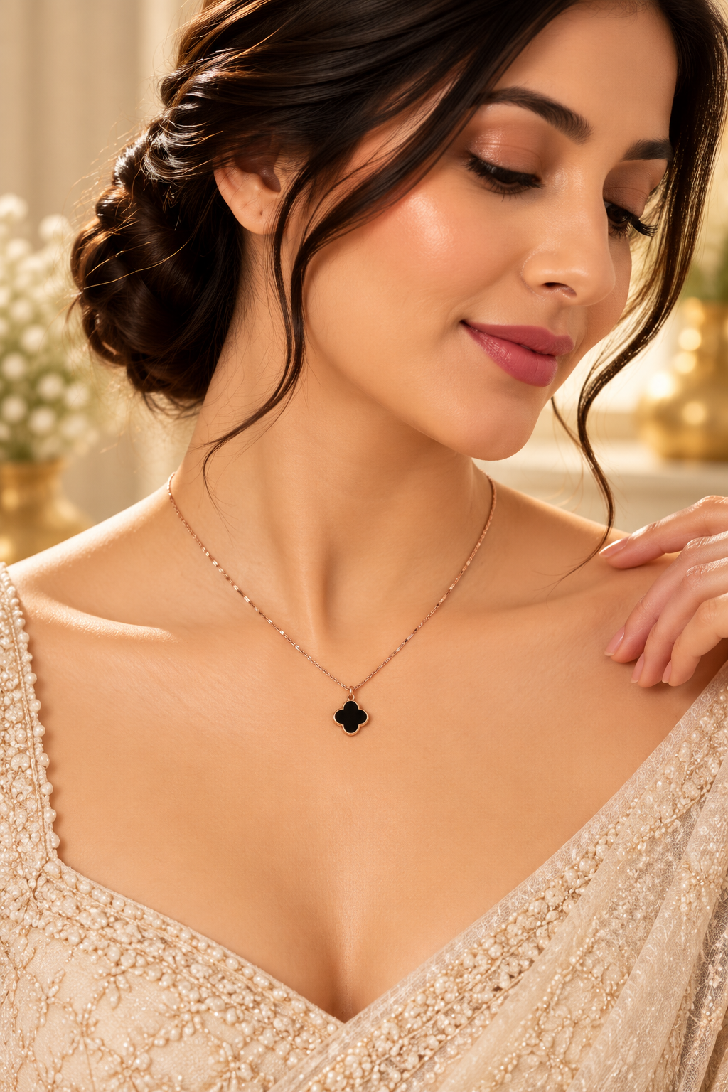 Black Clover Pendant Necklace – Rose Gold Tone