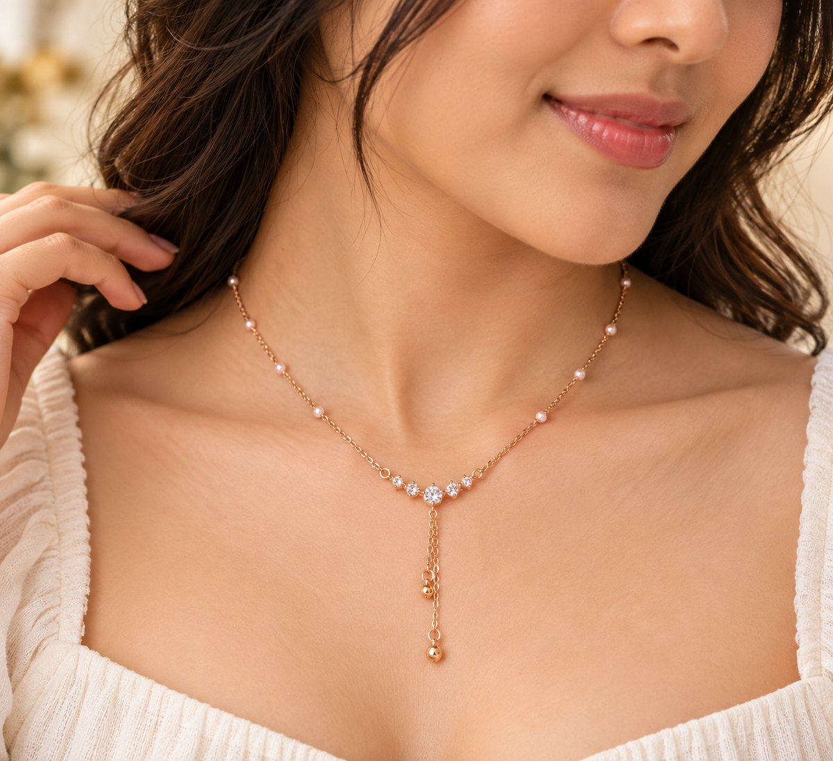 Women's Rose Gold Tone Pearl Accent Y-Drop Necklace