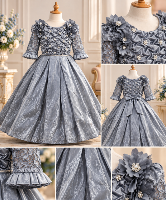 Girls' Silver Grey Organza Princess Party Dress with Floral Embellishments