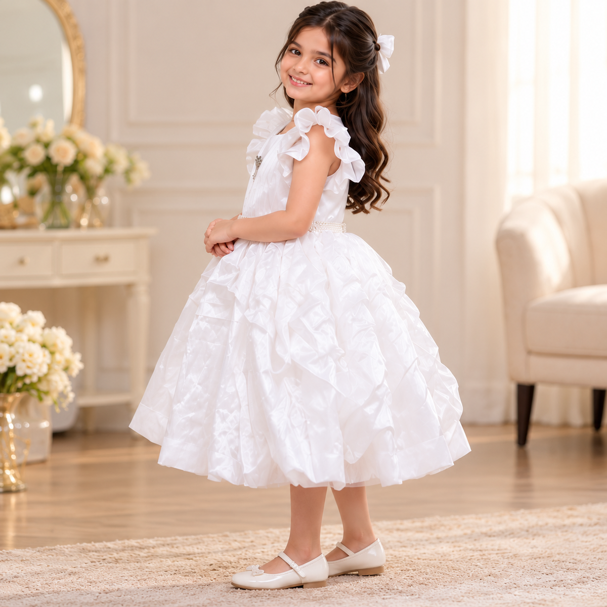Girls' White Princess Party Dress with Layered Ruffle Skirt
