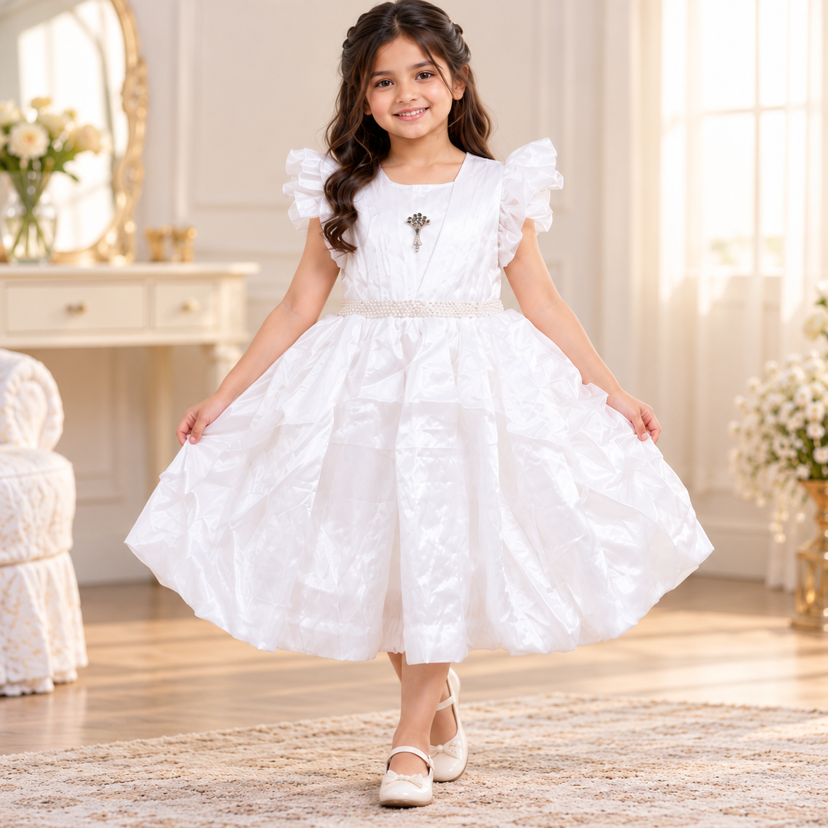 Girls' White Princess Party Dress with Layered Ruffle Skirt