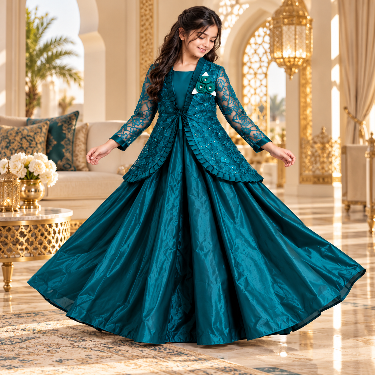 Girls' Teal Green Party Gown with Floral Lace Overlay