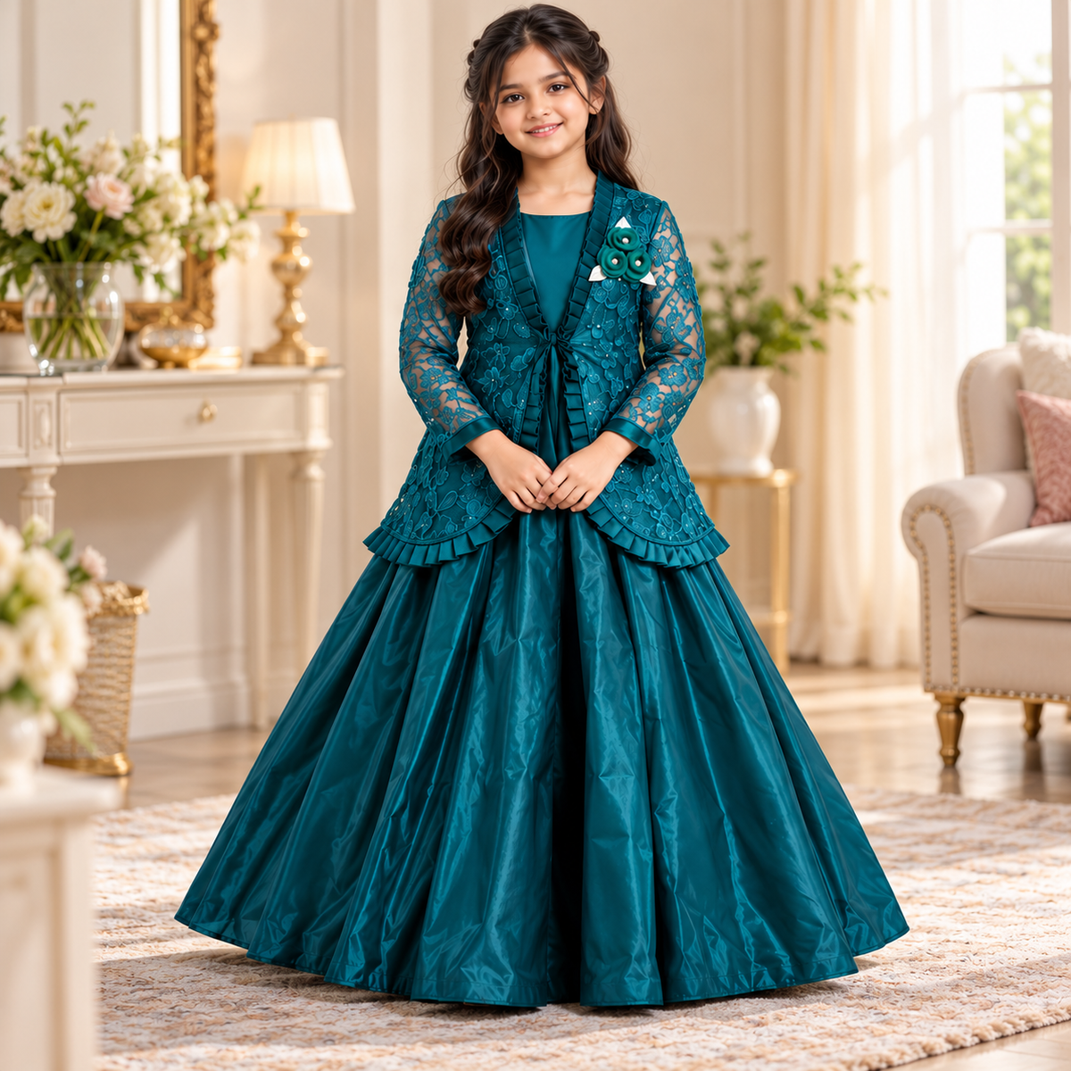 Girls' Teal Green Party Gown with Floral Lace Overlay